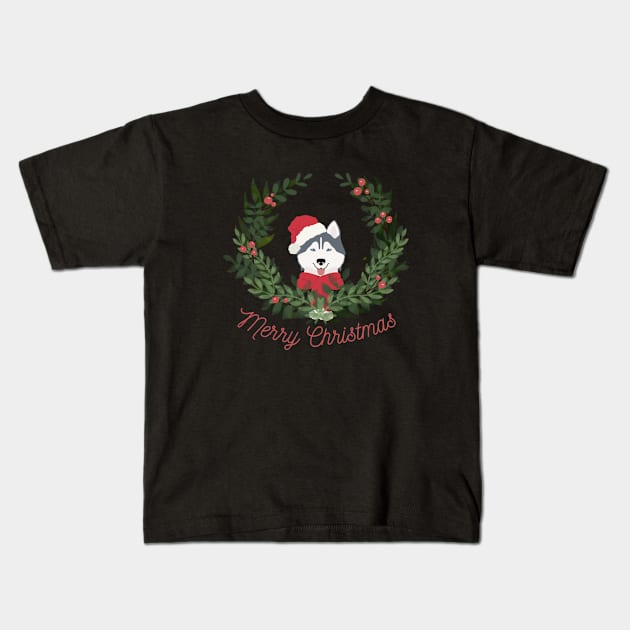 Siberian Husky with Red Santa Hat and Scarf with Green Mistletoe and Merry Christmas Sign Kids T-Shirt by Seasonal Dogs